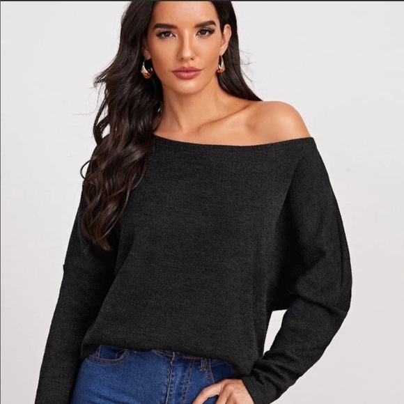 Black Drop Shoulder Solid Sweater - Picture 2 of 4